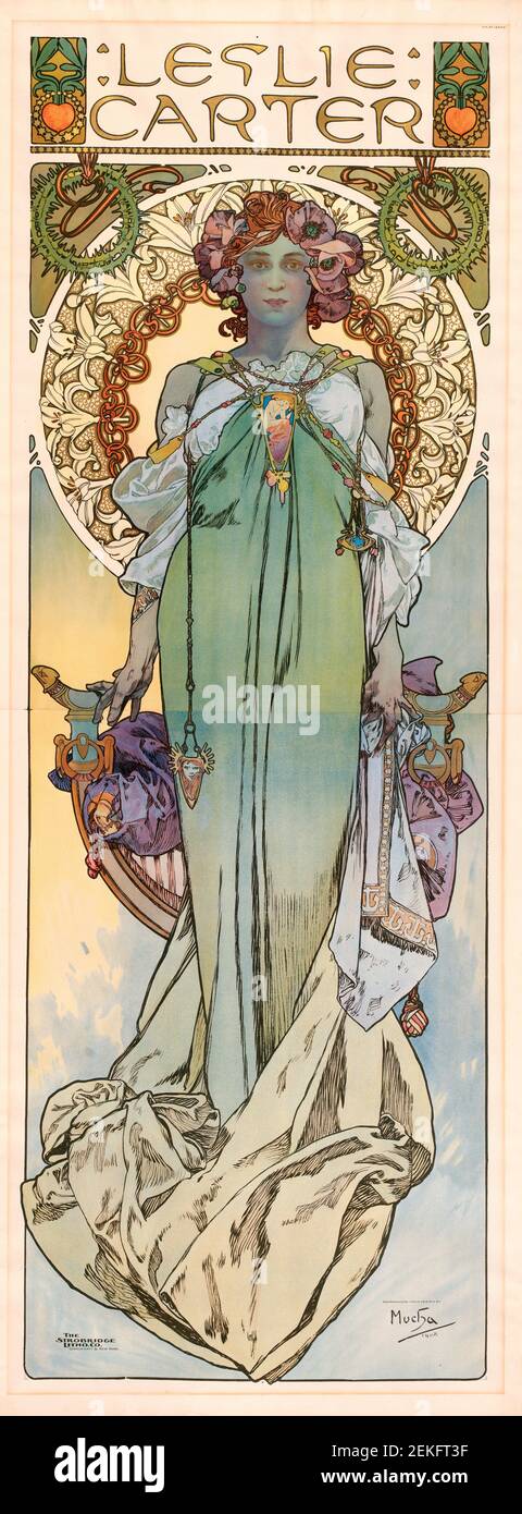 Alphonse Mucha, Farblithographie von Leslie Carter, 1908. Alnons Maria Mucha (1860 -1939) war ein tschechischer Jugendstilmaler, Illustrator und Grafiker, Stockfoto