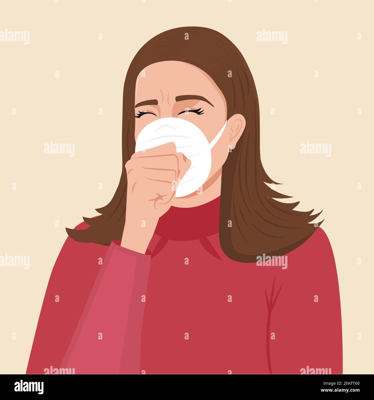 Die Frau bedeckt ihren Mund, wenn sie hustet Vektor-Illustration. COVİD-19 Symptom. Frau hustet mit schützender Gesichtsmaske. Die Maskierte Stock Vektor