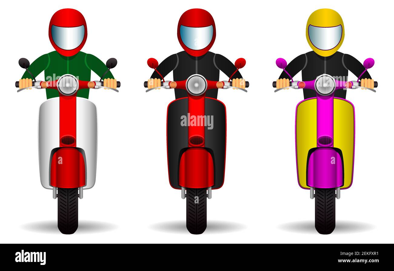 Scooter Fahrer Set. Biker und ihre Roller in verschiedenen Farben. Vorderansicht. Isolierte Objekte auf weißem Hintergrund. vektordarstellung. Stock Vektor