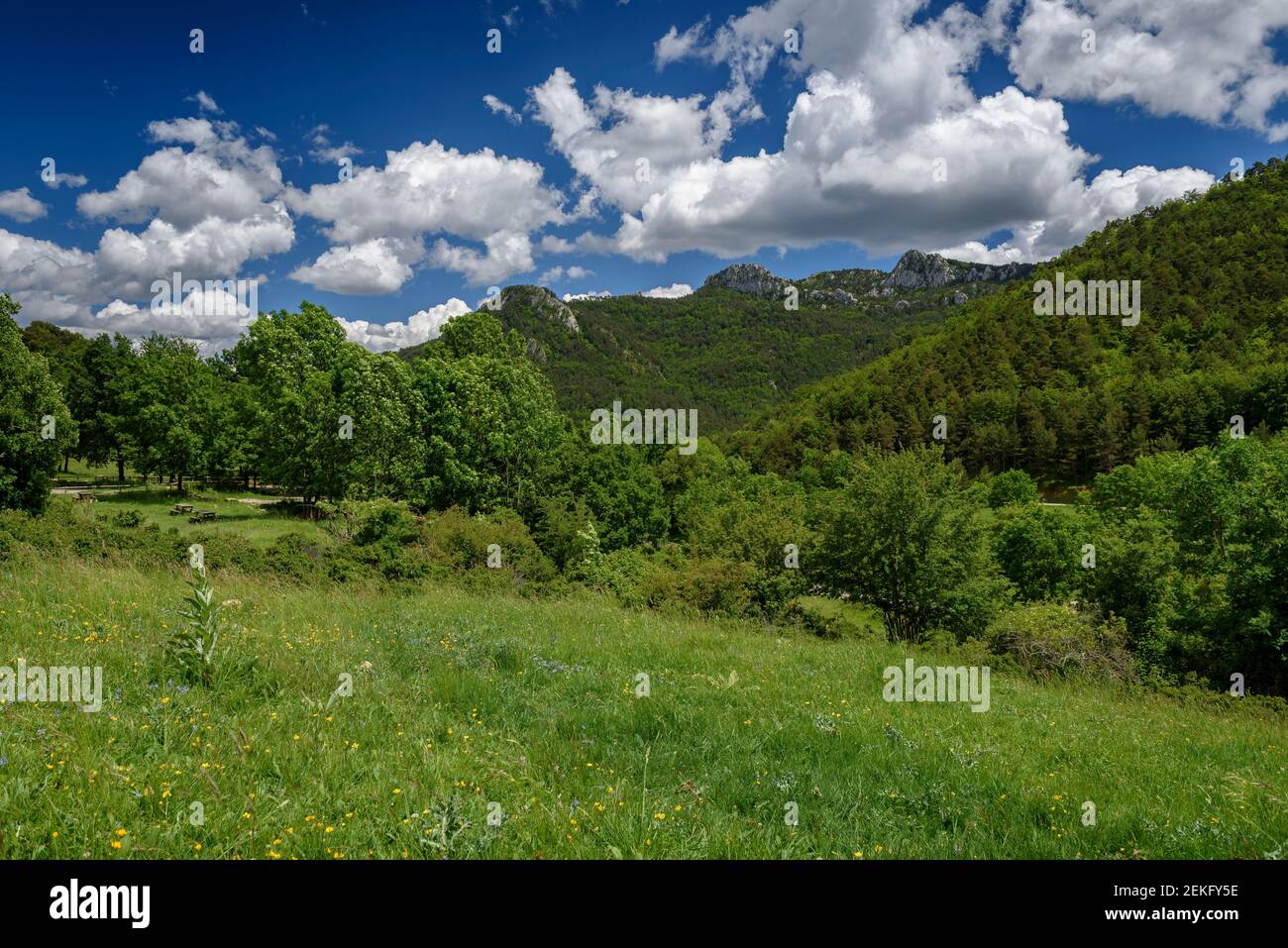Catllaràs Aussicht von der Falgars-Wallfahrtskirche im Frühling (Berguedà, Katalonien, Spanien, Pyrenäen) Stockfoto