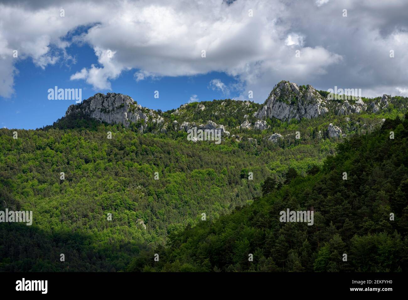 Catllaràs Aussicht von der Falgars-Wallfahrtskirche im Frühling (Berguedà, Katalonien, Spanien, Pyrenäen) Stockfoto