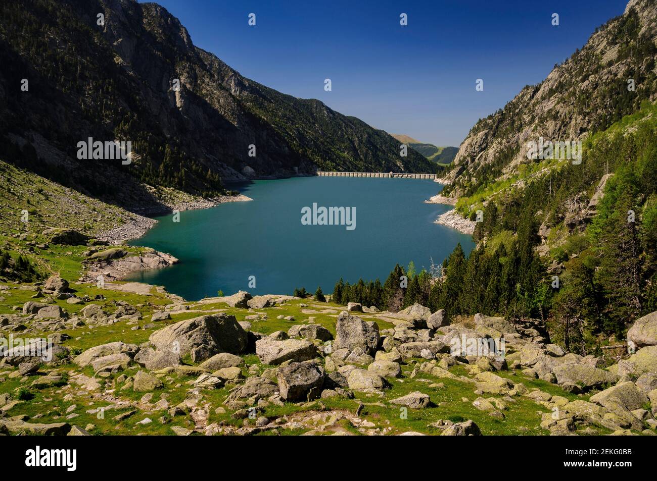 Cavallers Stausee (Valle de Boí, Katalonien, Spanien, Pyrenäen) ESP: Embalse de Cavallers (Valle de Boí, Cataluña, España, Pirineos) Stockfoto