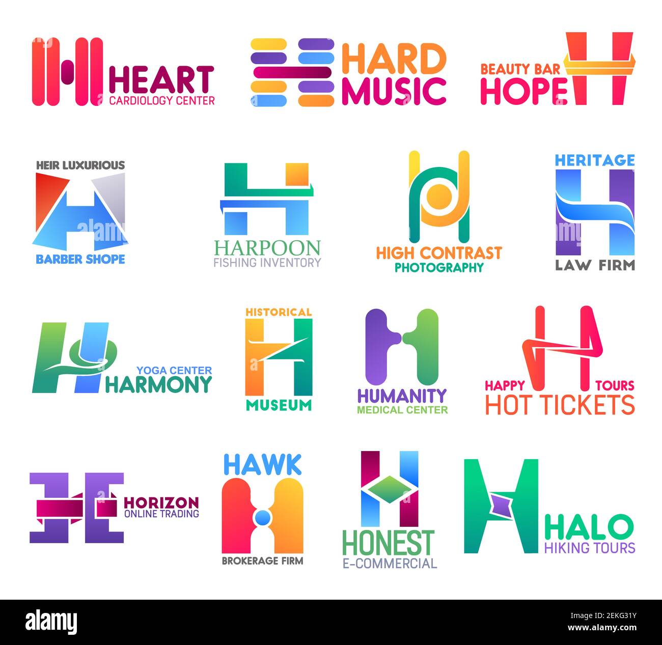 Corporate Identity Letter H Geschäftssymbole. Vector Medizin und Musik, Schönheit und Friseurladen, Angeln und Fotografie. Jurisprudenz und Sport, Kultur Stock Vektor