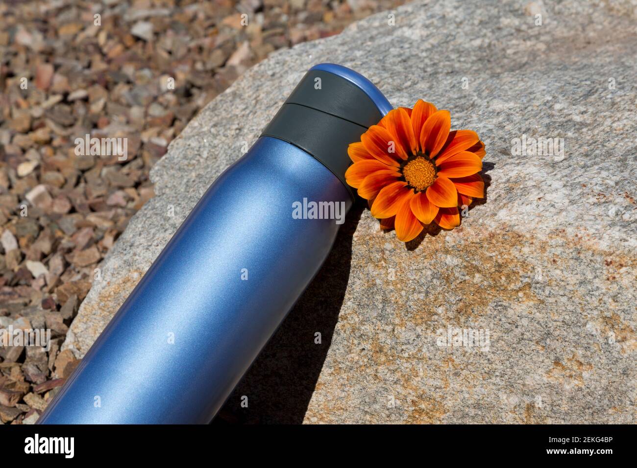 Blaue wiederverwendbare Wasserflasche mit leuchtend oranger Blume auf der Außenseite Rock spiegelt gesunde Harmonie des nachhaltigen livingsus wider Stockfoto