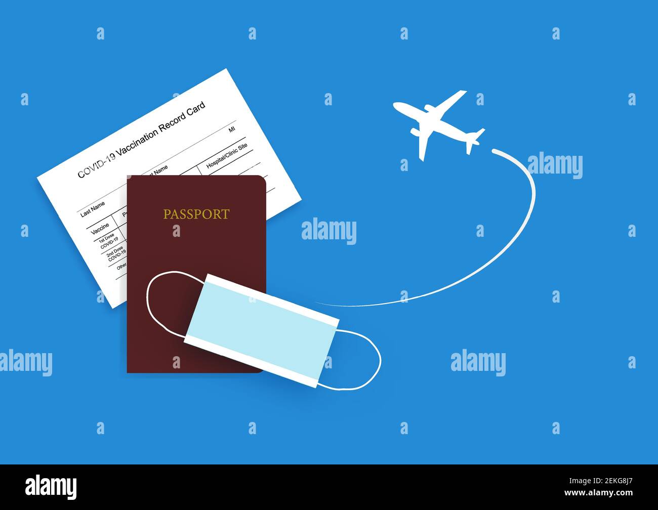 Konzepte der Flugzeugreise Wiedereröffnung in newnormal und covid-19 Pandemie. Illustration von Flugzeug Silhouette, Pass, Impfpass Formular und fa Stock Vektor