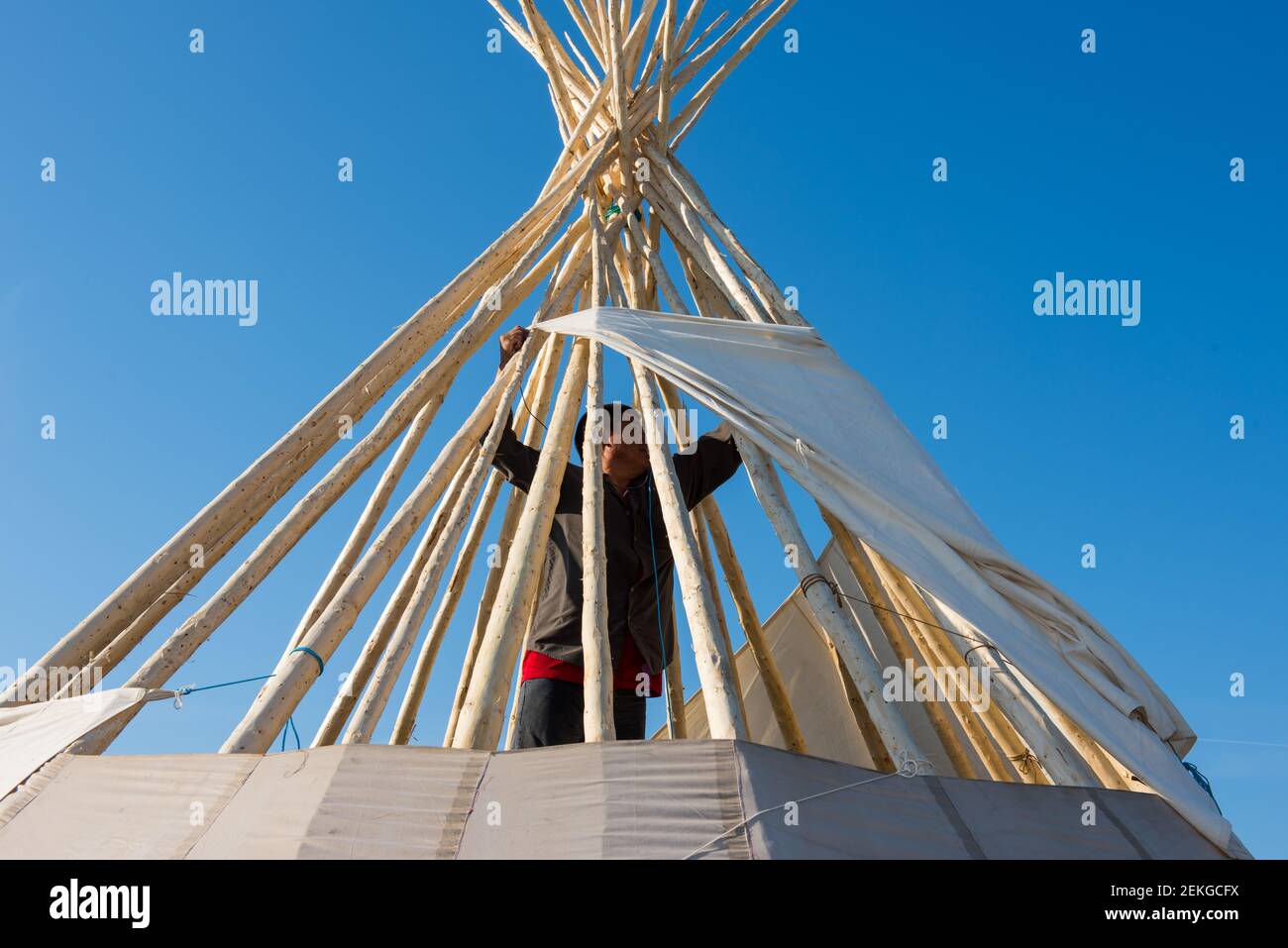 Indigener Mann, der ein Tipi baut, Nord-Quebec, Kanada Stockfoto