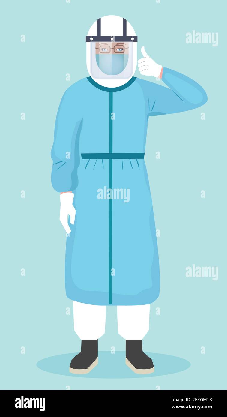 Arzt trägt Schutzanzug und zeigt Daumen nach oben Vektor-Illustration. Arzt mit Gesichtsschutz und Ganzkörperschutzanzug, um Coronavirus zu bekämpfen Stock Vektor