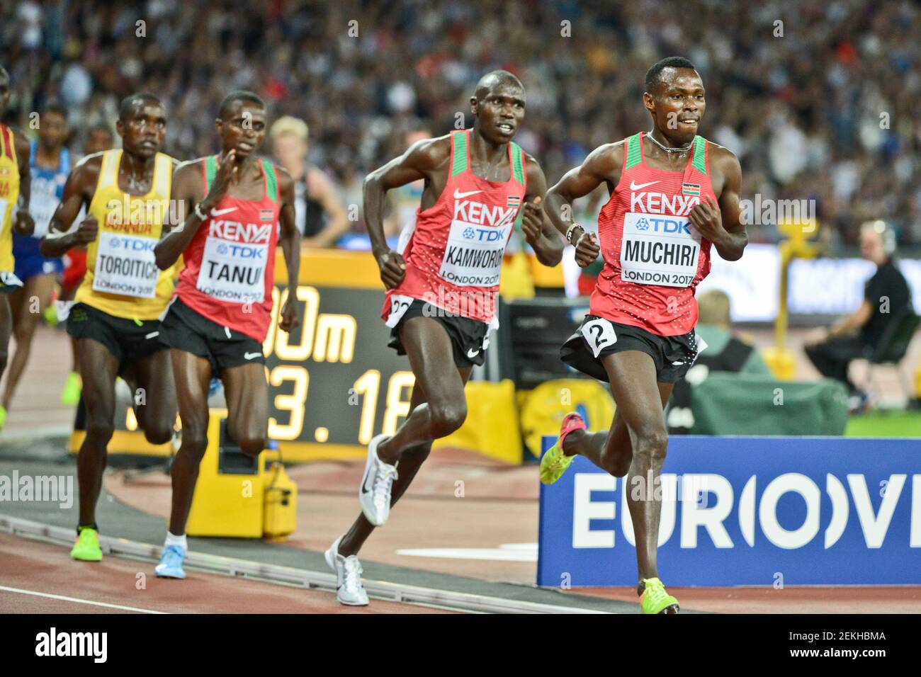 Die kenianischen Athleten Gabriel Muchiri, Geoffrey Kamworor, Paul Kipngetich Tanui (Bronzemedaille). 10000 Meter Männer - IAAF World Championships London 2017 Stockfoto