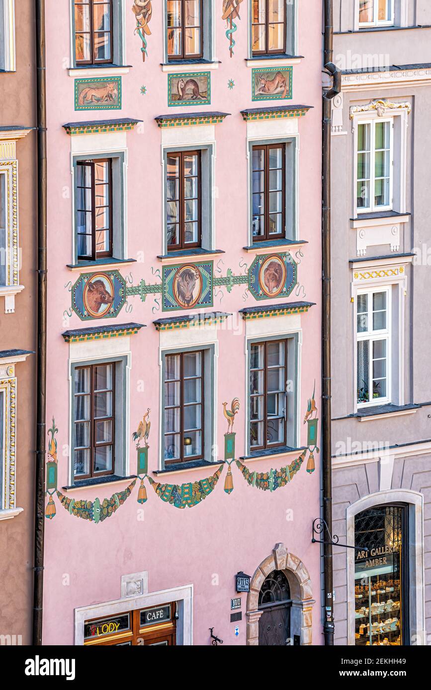 Warschau, Polen - 22. August 2018: Historische bunte rosa Architektur Wandfarbe Gebäude in der Altstadt Marktplatz rynek mit Tier-Design und Café Stockfoto
