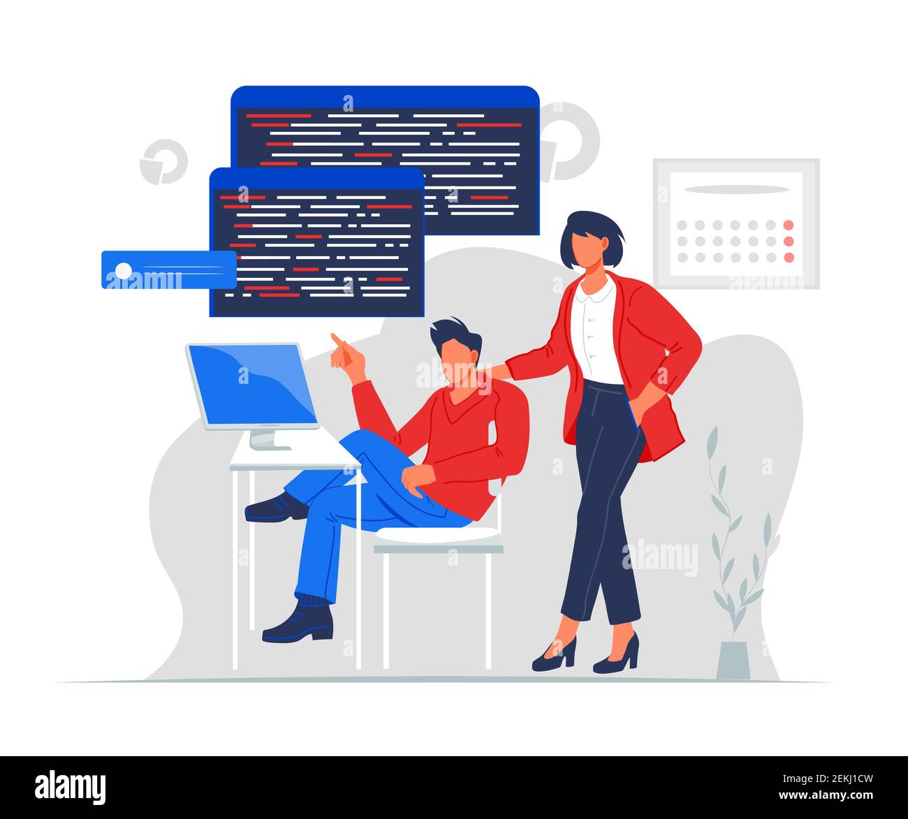 Softwareingenieure oder Entwickler codieren und testen ein Computerprogramm, flache Vektordarstellung isoliert auf weißem Hintergrund. Programmierkurse und Stock Vektor