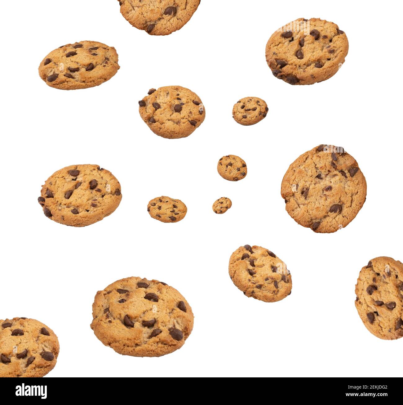 Chocolate Chip Cookies Tropfen isoliert auf weißem Hintergrund. Stockfoto