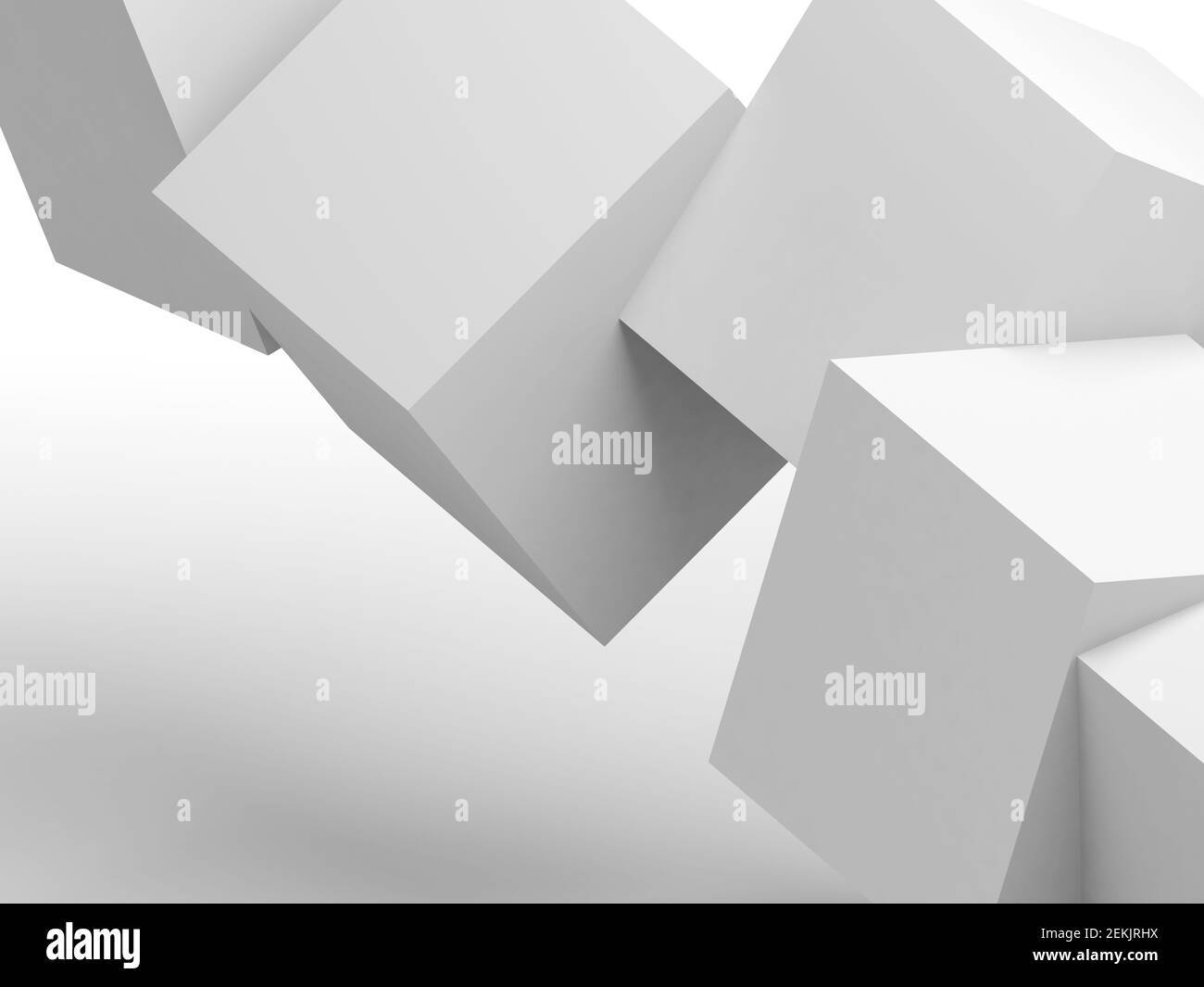 Abstrakte Kuben-Installation in einem leeren weißen Studioraum. 3D Rendering-Illustration Stockfoto