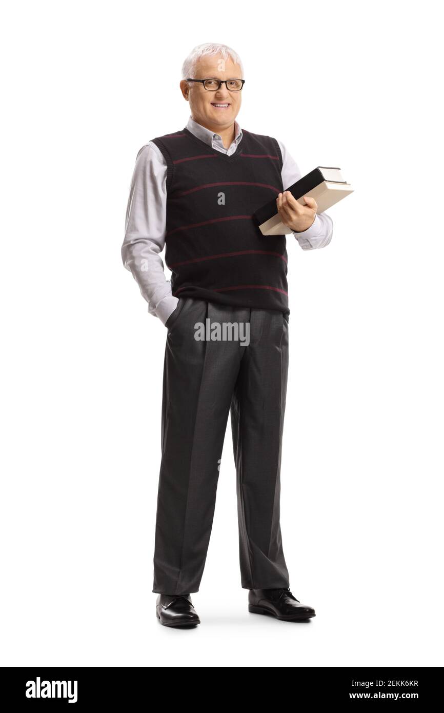 In voller Länge Porträt eines reifen männlichen Lehrer mit Büchern Isoliert auf weißem Hintergrund Stockfoto