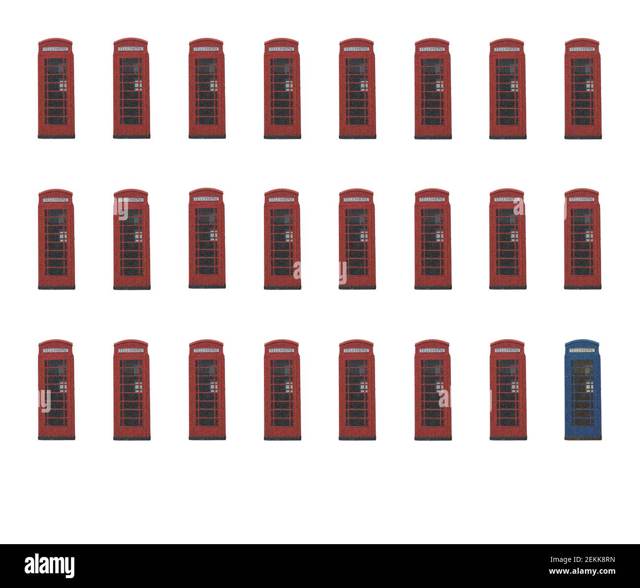 Mehrere rote Telefondose mit einer blauen Telefondose. Stockfoto