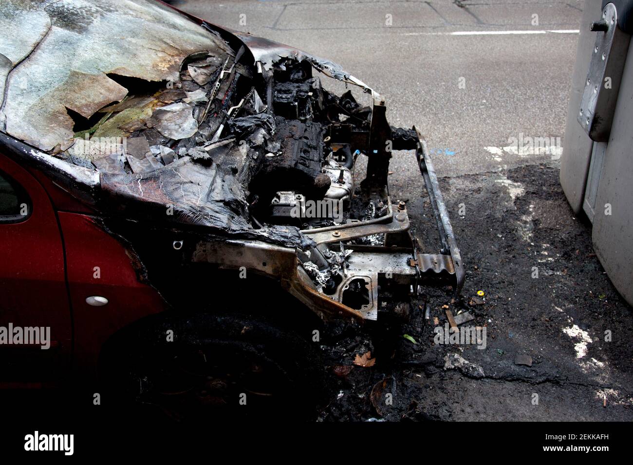 Feuer beschädigt Auto, Barcelona, Spanien. Stockfoto