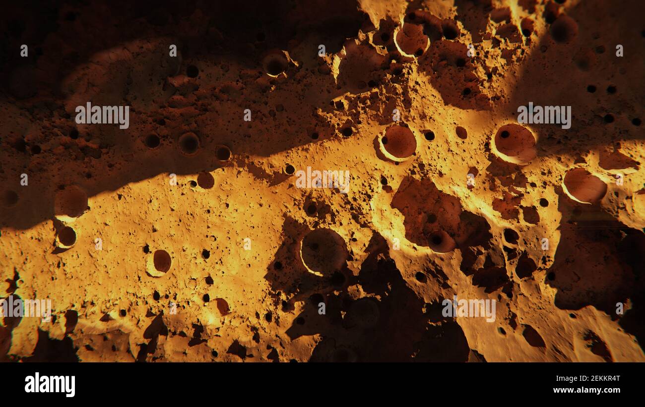 Tal mit vielen Kratern auf dem Planeten Mars, Landschaft auf dem roten Planeten Stockfoto