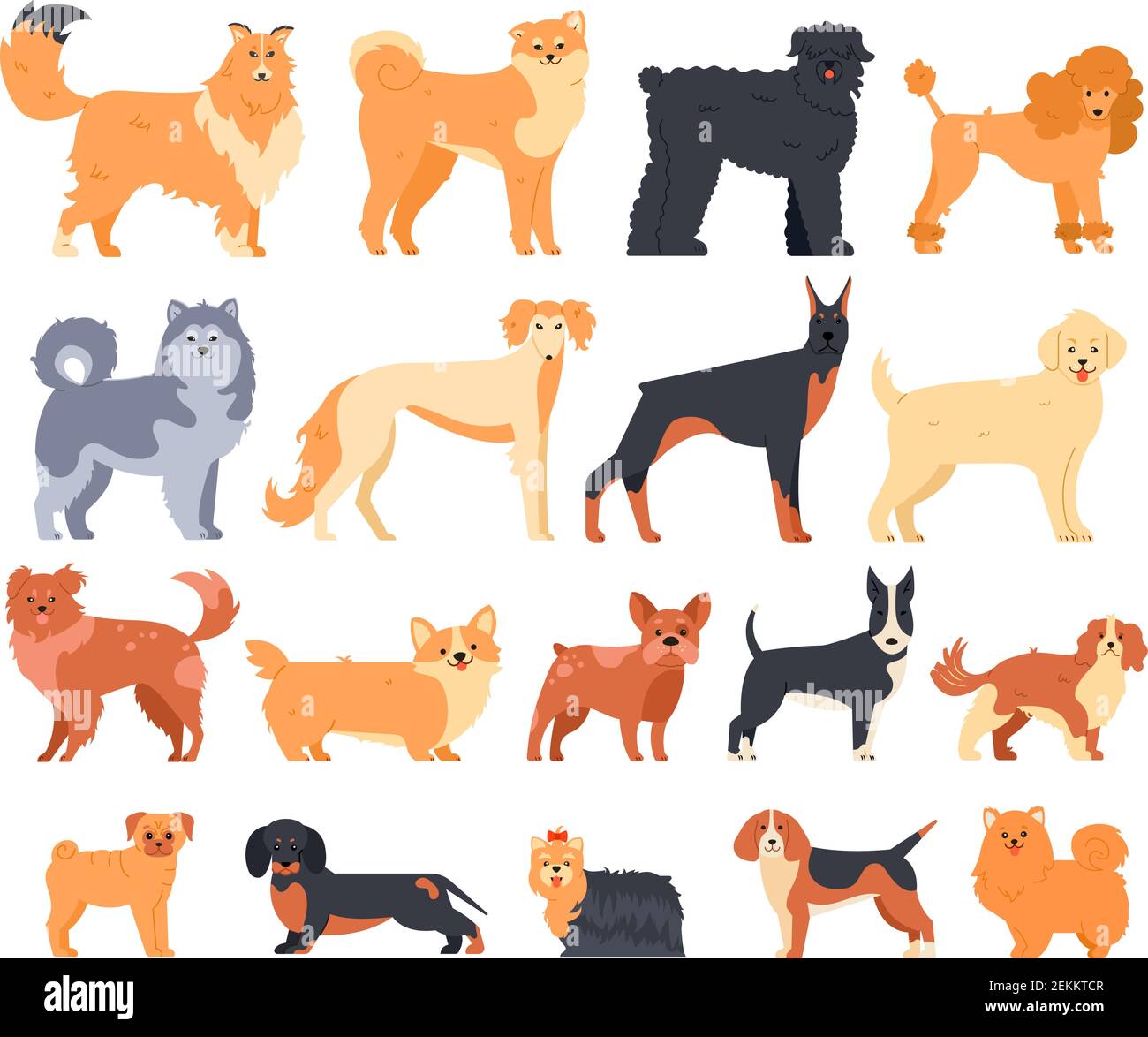 Cartoon-Hunde. Niedliche sitzende Welpen Satz von verschiedenen Rassen. Dobermann, Malamute und labrador, Pudel und Corgi isoliert Haustiere Vektor-Zeichen Stock Vektor