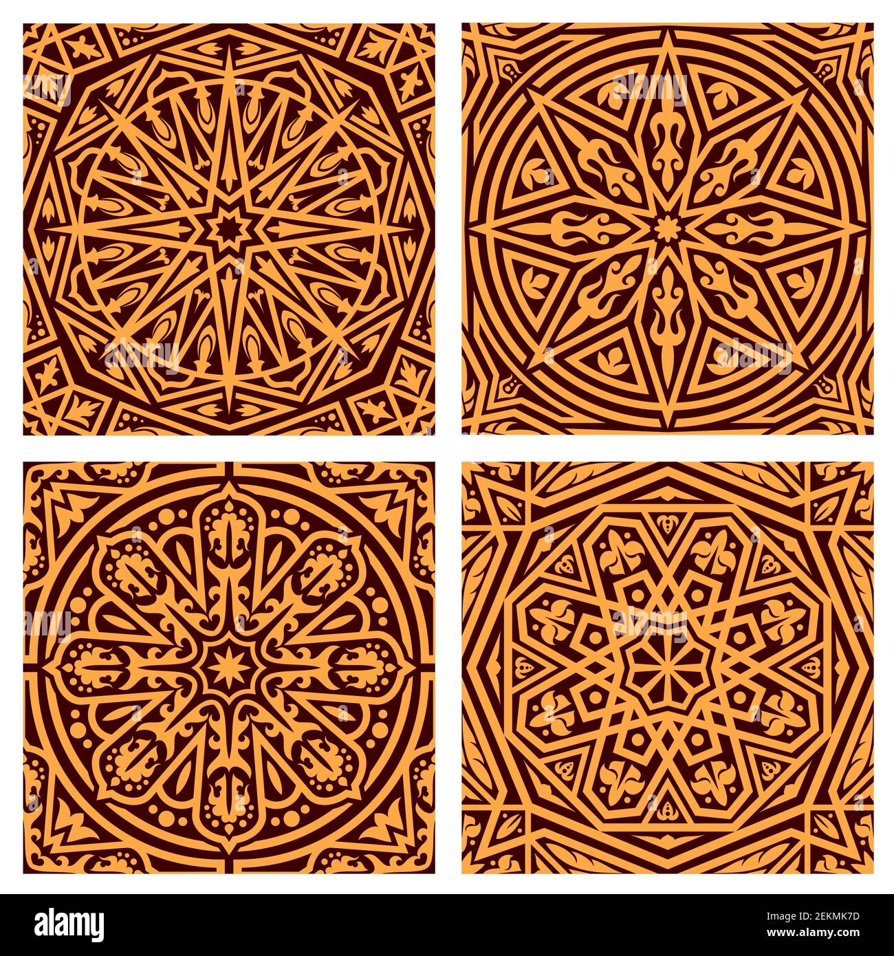 Braune arabische Ornamente. Vektor-Muster mit floralen Elementen und Motiven. Muslim alte ornamentale Kunst, verzierte Dekor mit Punkten, Sternen und Linien, islami Stock Vektor