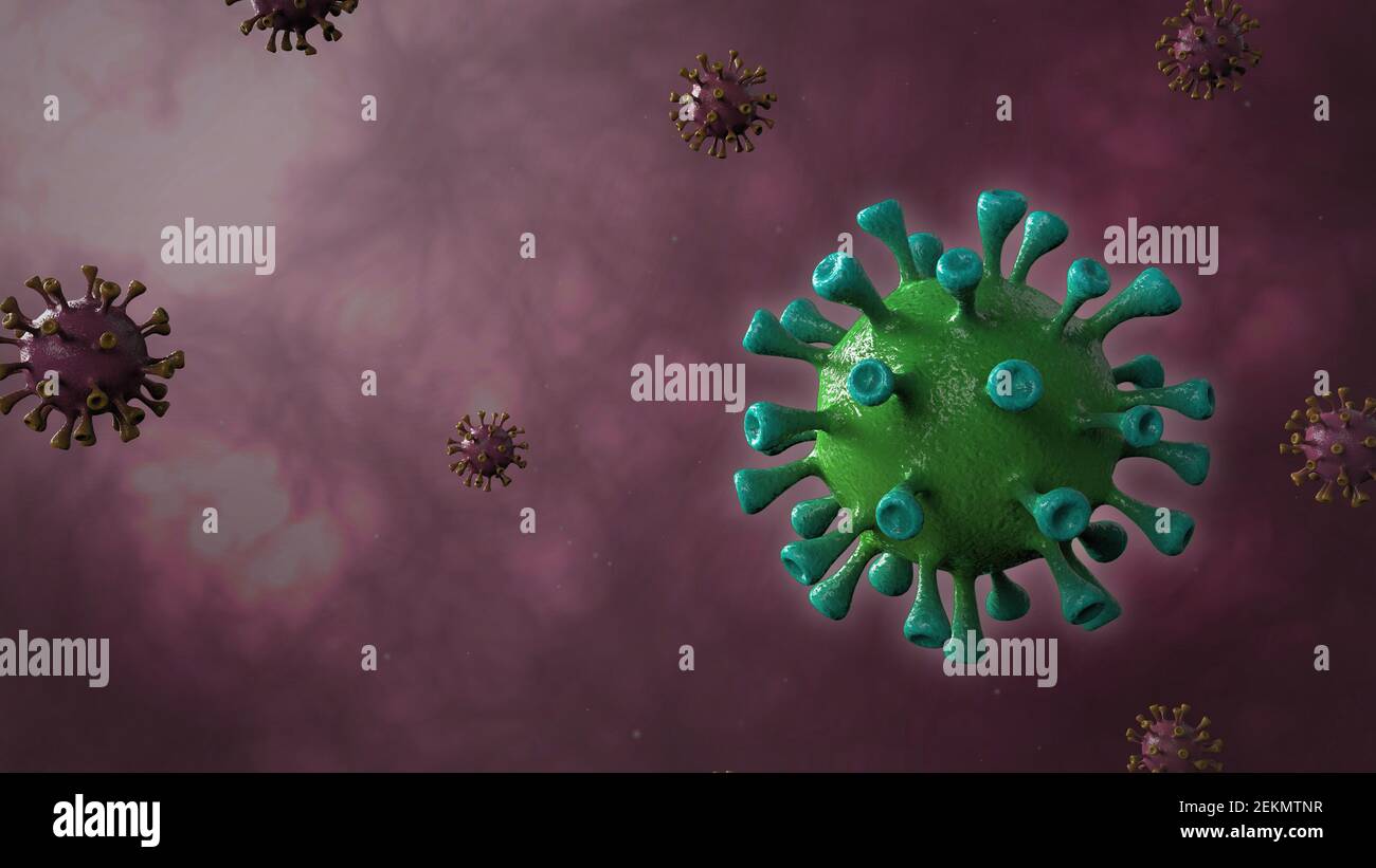Purple Covid unterschiedlicher Farbe mit grüner Coronavirus Variation geimpft. 3D Illustration der Mutation covid-19 RNA-Impfstoff für Krankheiten. Stockfoto