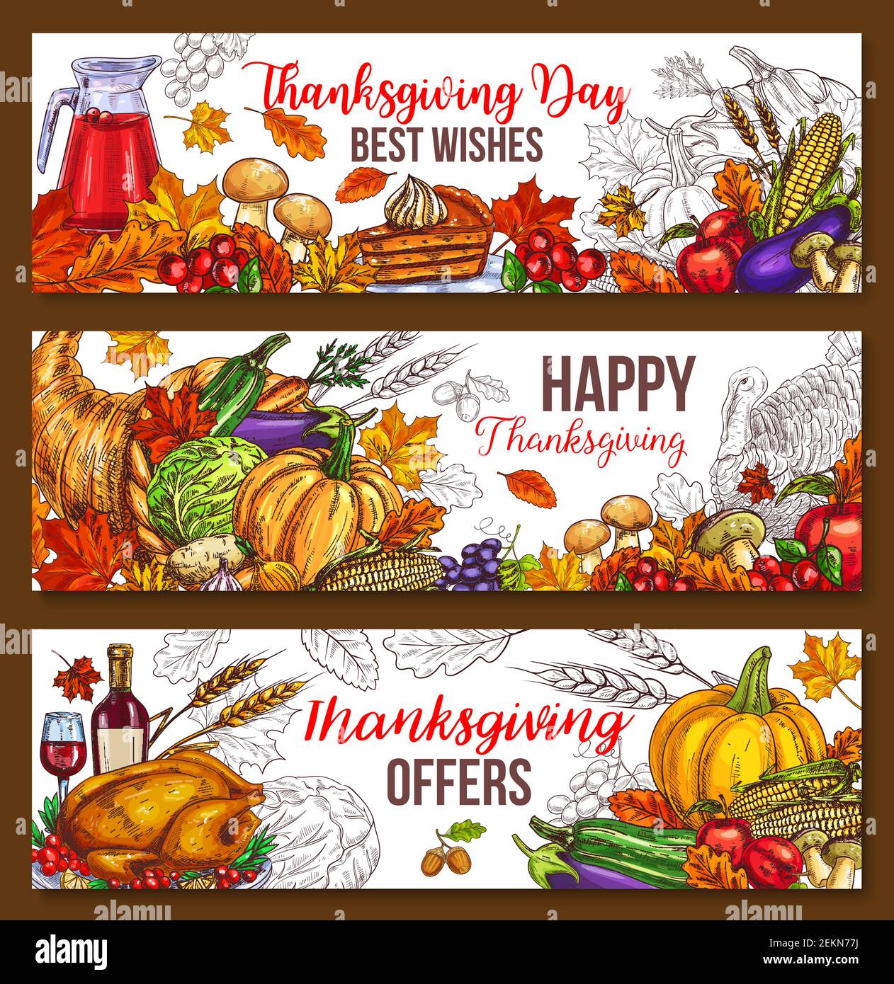 Thanksgiving Day Sketch Banner der traditionellen gerösteten truthahn und Obstkuchen, Kürbis oder Mais und Pilze Ernte in Füllhorn. Vector Herbst Ahorn l Stock Vektor