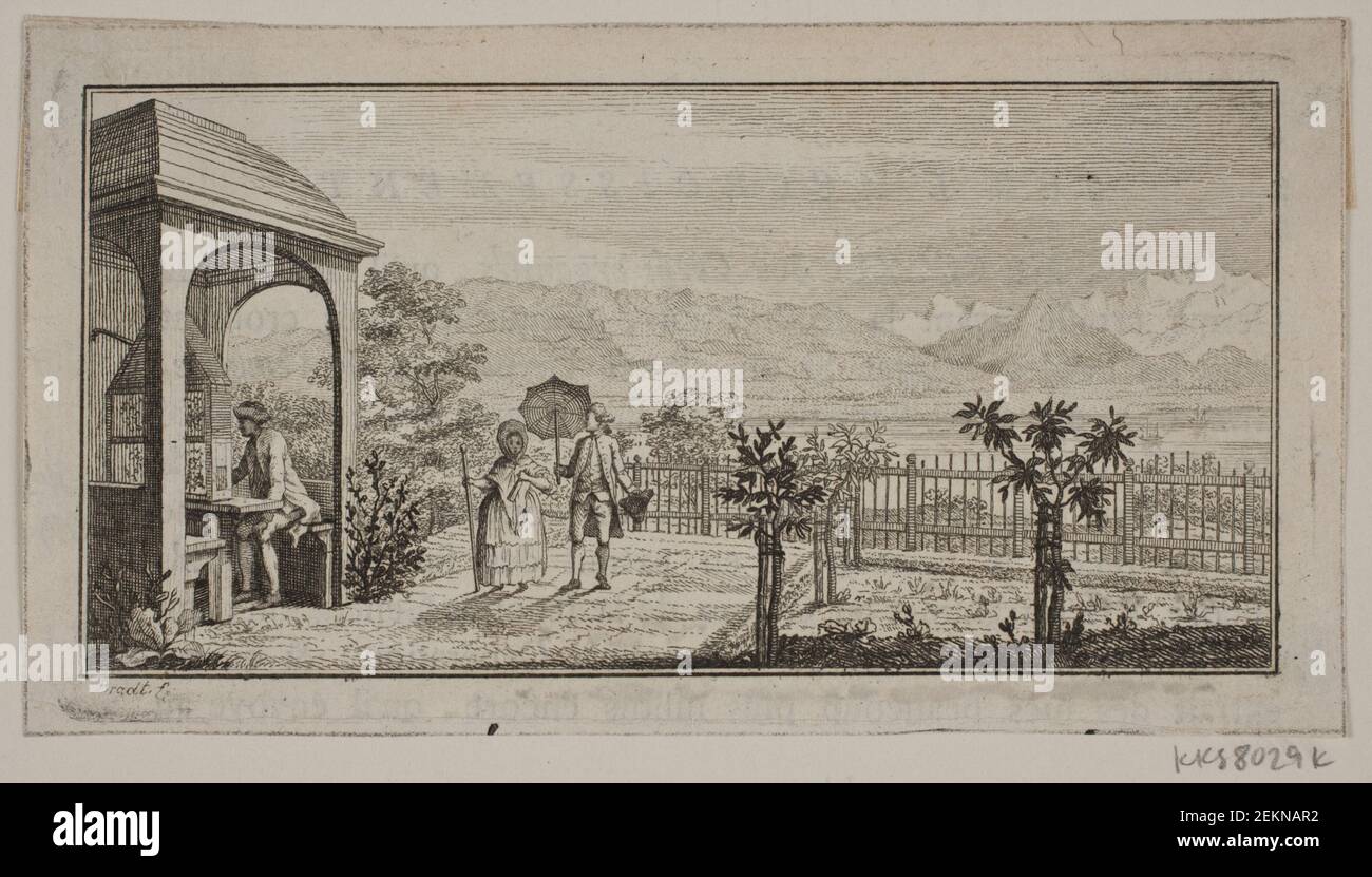 J.F. Clemens (1748-1831); Frederik Ludvig Bradt (1747-1829), Gartenterrasse in Genthod mit einem Spazierenpaar, UM 1778 Stockfoto