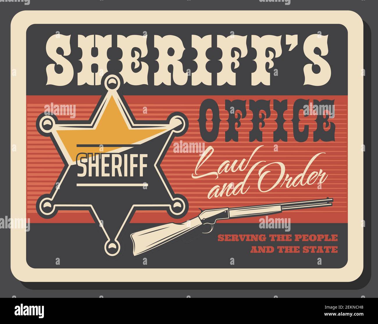 Sheriff Offizier Sternabzeichen und Gewehr. Wild West, American Western Sheriff Büro Vintage Poster. Vector Polizei Gesetz und Ordnung Service für das staatliche Verbot Stock Vektor