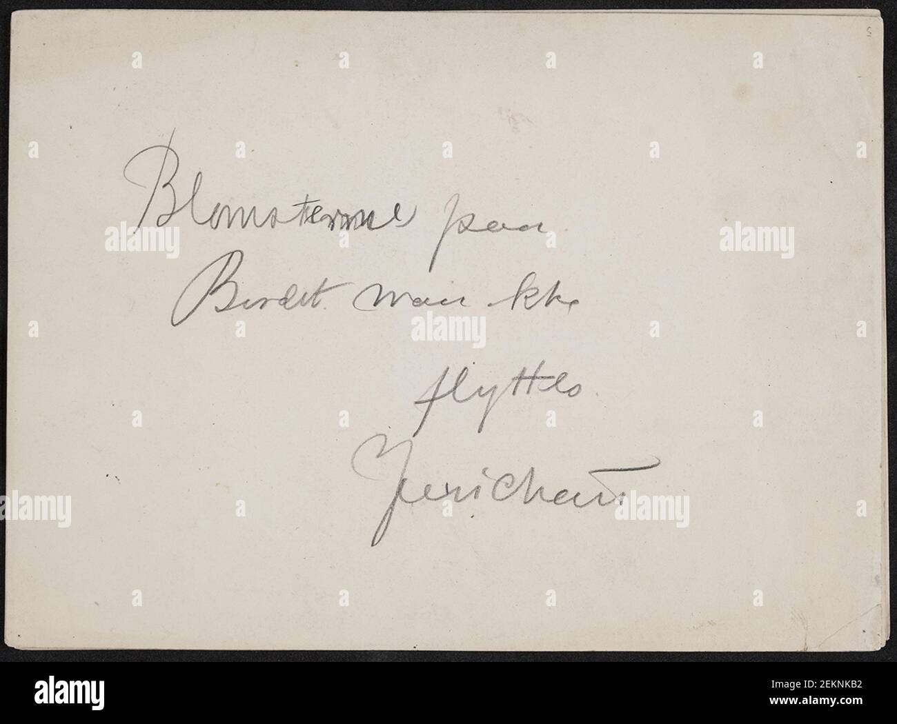 JA. Jerichau (1890-1916), Nachricht des Künstlers: "Die Blumen auf / Tisch muss nicht / bewegen. / Jerichau', 1909 Stockfoto