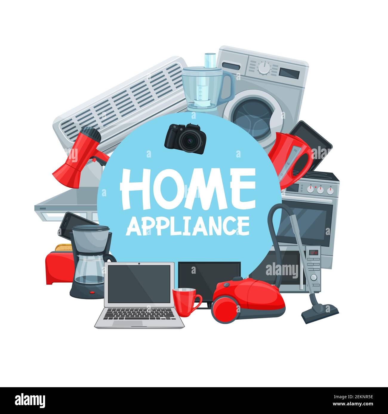 Rahmen für Haushaltsgeräte. Vector Waschmaschine, Mikrowelle, Bügeleisen und Notebook, Wasserkocher und Mixer, Herd und Staubsauger. Kamera und Toaster, ha Stock Vektor