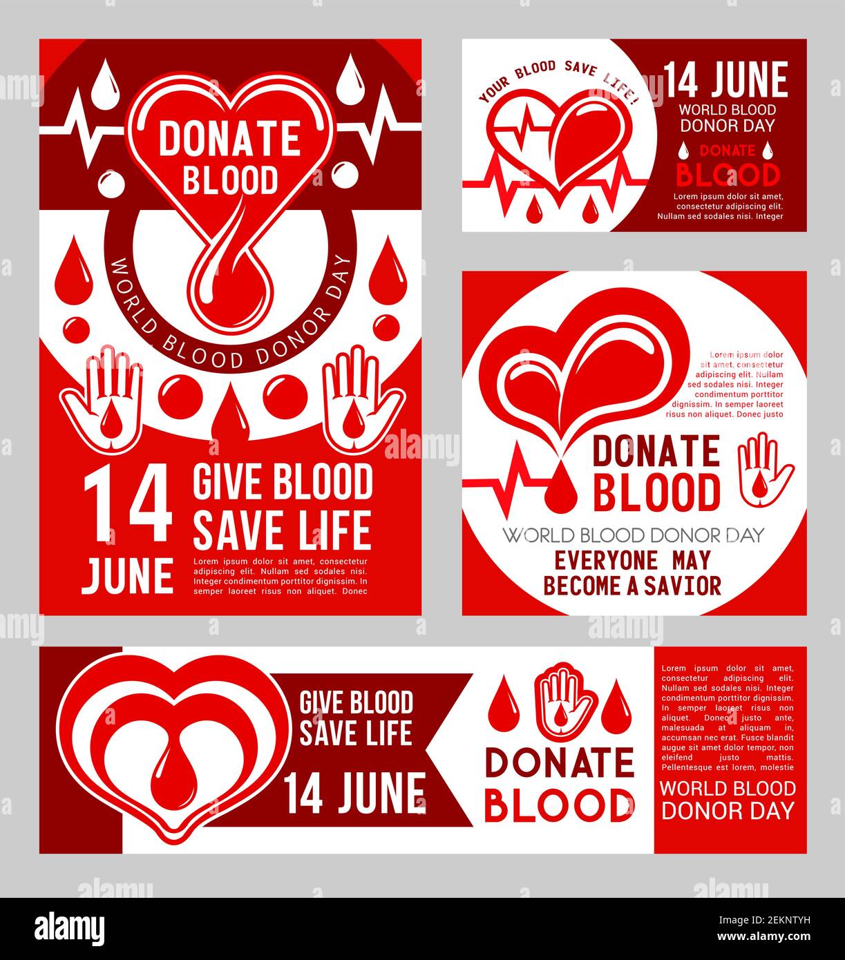 Banner zum Blutspendetag der Weltfeier am 14. juni. Transfusion Labor Spende Veranstaltungen Promo Poster Vorlage mit rotem Herz, Blutstropfen, Herz Stock Vektor