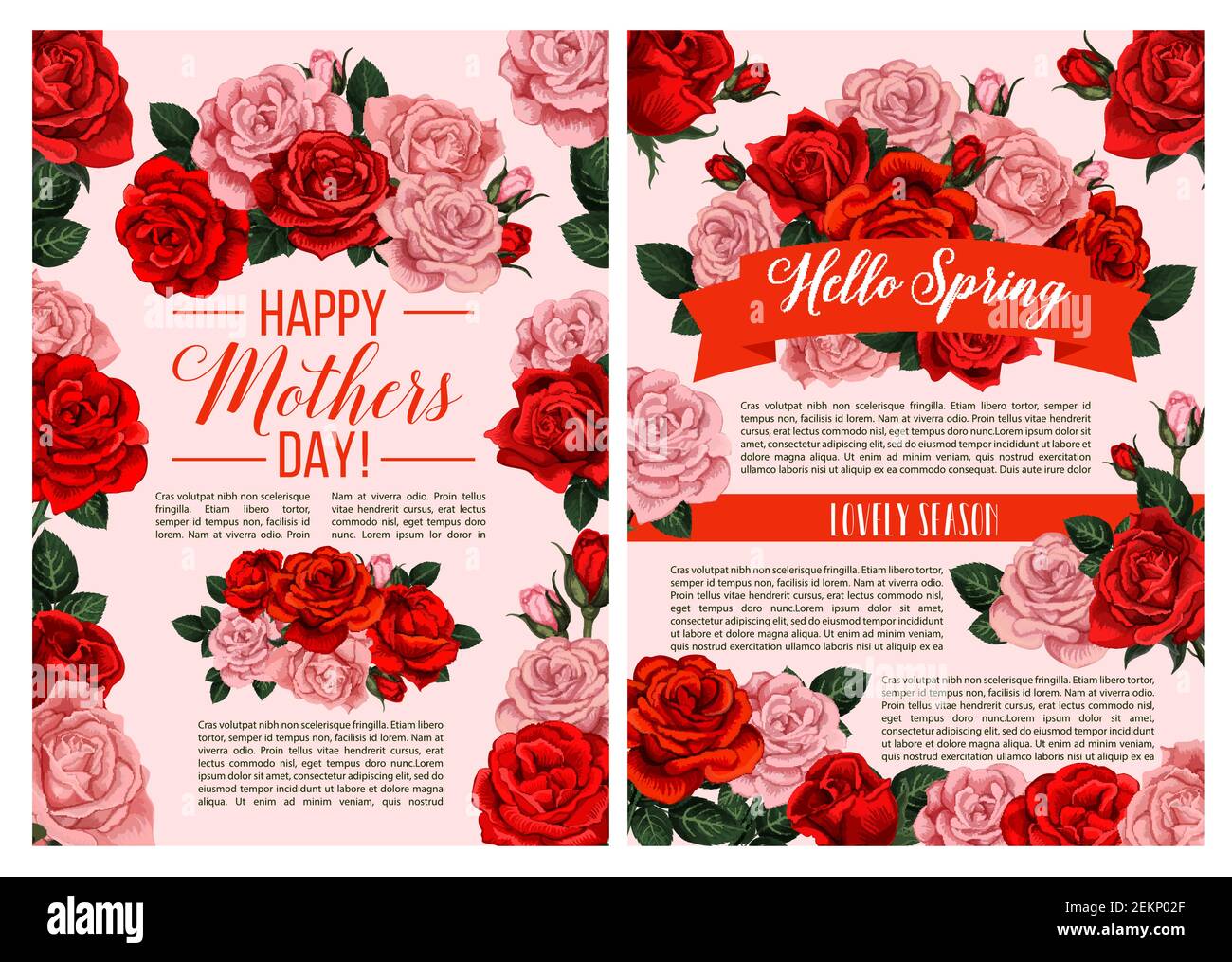 Happy Mothers Day Frühling Saisonale Feiertage Grußkarten von roten Rosen und Blumen Bündel für die Frühlingszeit Feier. Vektor-Design von blühenden r Stock Vektor