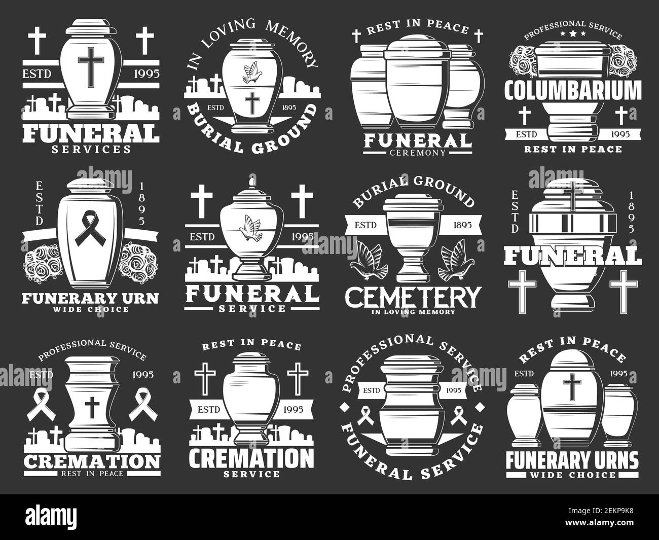 Trauerfeier und Feuerbestattung, Friedhof und Beerdigung urns isoliert Ikonen. Vector Begräbnis Agentur, Säulengarten, Kreuze und Gräber. Speichereinscri Stock Vektor