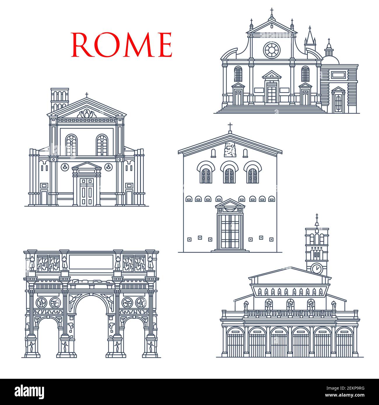 Rom Reise Wahrzeichen, Italien Architektur berühmte Sehenswürdigkeiten Symbole. Vector Basilica di Santa Prassede und Maria del Popolo und Konstantin Bogen, San Stock Vektor