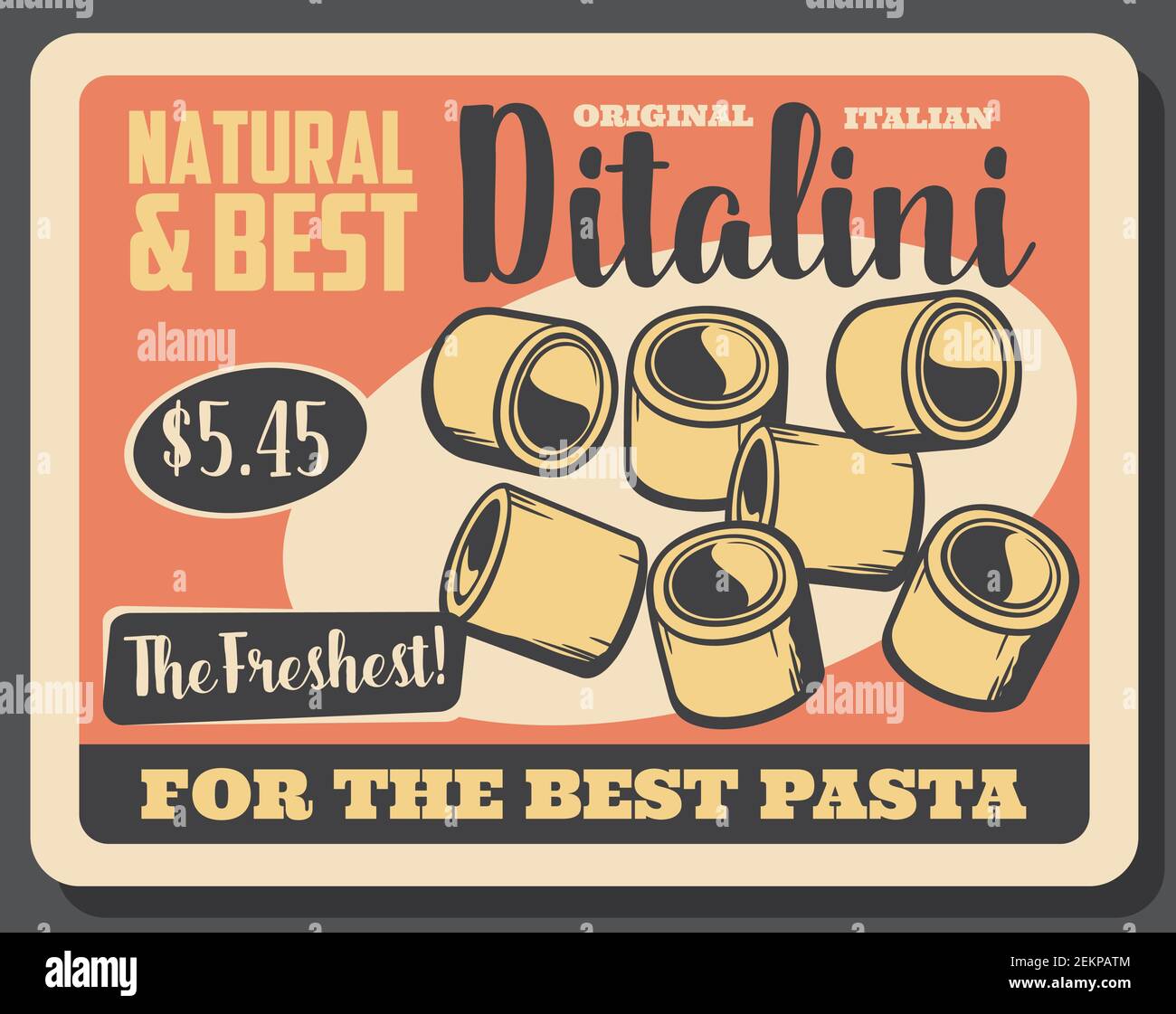 Ditalini Pasta in Form von kleinen Röhren. Vector traditionelle italienische Küche Essen, Tubettini. Kurze Makkaroni aus Hartweizen, hausgemachtem Naturmediterran Stock Vektor