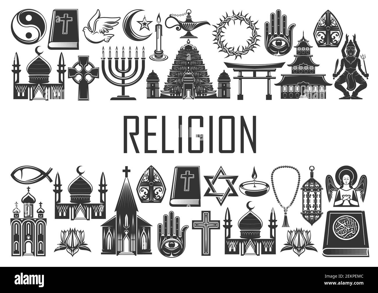 Religion, religiöse Ikonen und Symbole des Christentums, Islam und Buddhismus. Weltreligion Zeichen der katholischen oder orthodoxen Kirche, Shinto und Judentum, Mu Stock Vektor