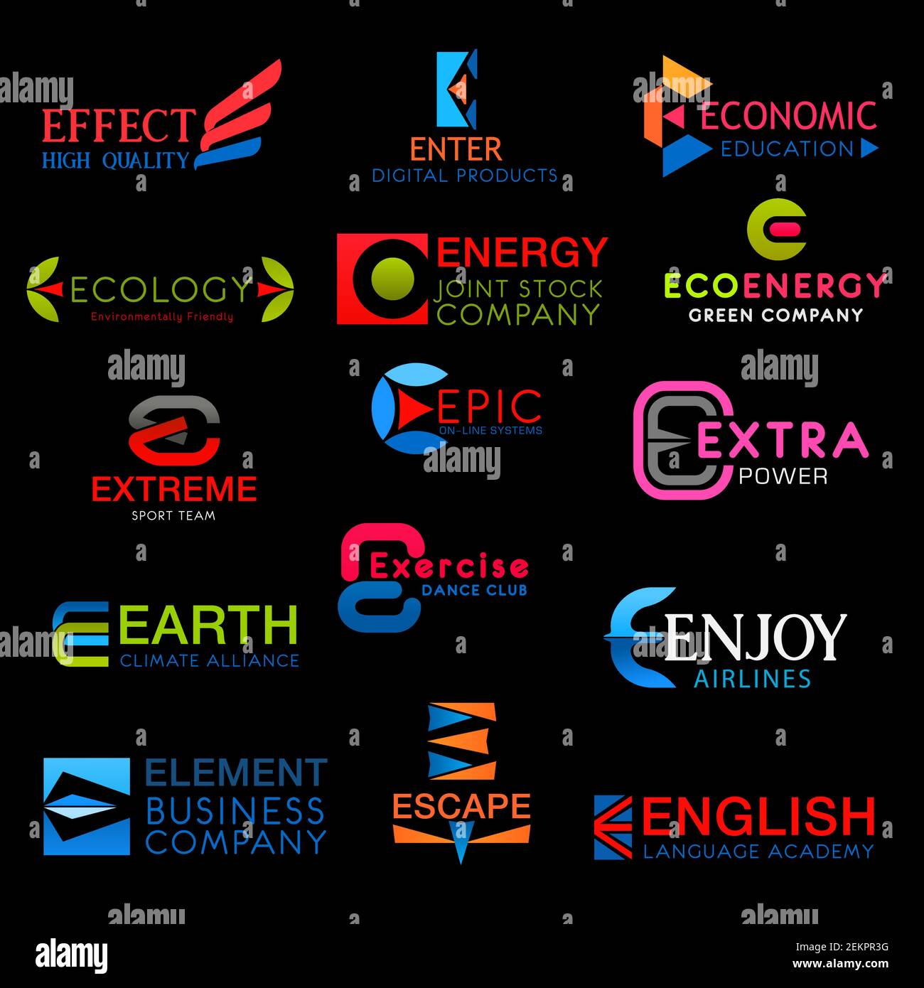 Symbole auf Buchstabe E Vektorzeichen Symbole isoliert. Wirkung und geben, Wirtschaft, Ökologie, Öko-Energie und extreme, epische und extra, Erde und Bewegung, enjo Stock Vektor