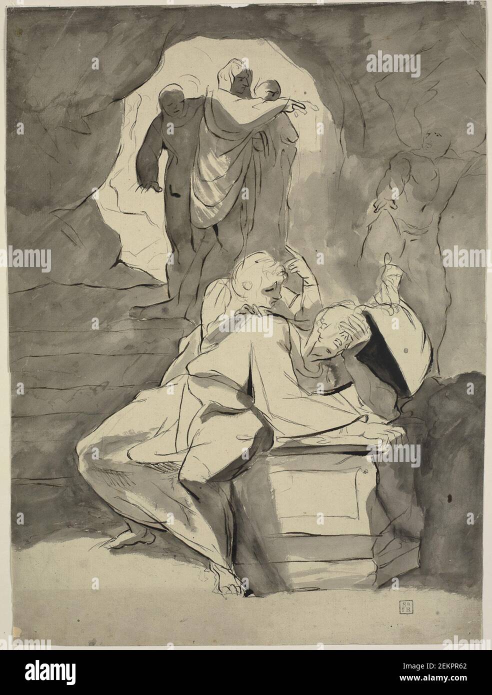 Johann Heinrich Füsli (1741-1825); Georg Romney (1734-1802); Perino del Vaga (1501-1547), Figurenszene in einer Höhle. Im Vordergrund ein verzweifelter Mann bei einem Grab, 1770s Stockfoto