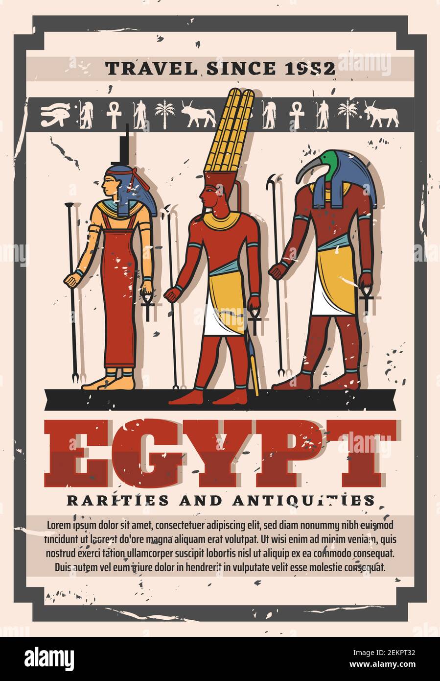 Götter und Göttin des alten Ägypten, ägyptische Reise-Wahrzeichen und Tourismus-Vektor-Design. ISIS, Amun und Thoth mit Symbolen von Ankh, Auge von Horus und Anu Stock Vektor
