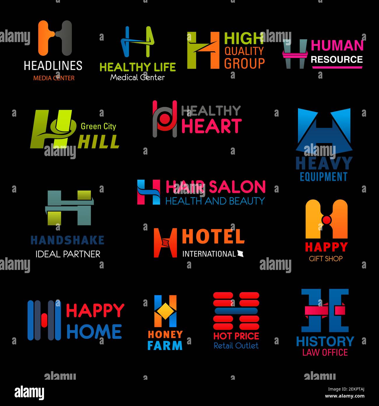 Buchstabe H Corporate Identity Geschäftssymbole. Medizinisches Zentrum, Friseursalon und Anwaltskanzlei, Hotel, HR-Agentur und Beauty-Center, Geschenk-und schwere Geräte sh Stock Vektor
