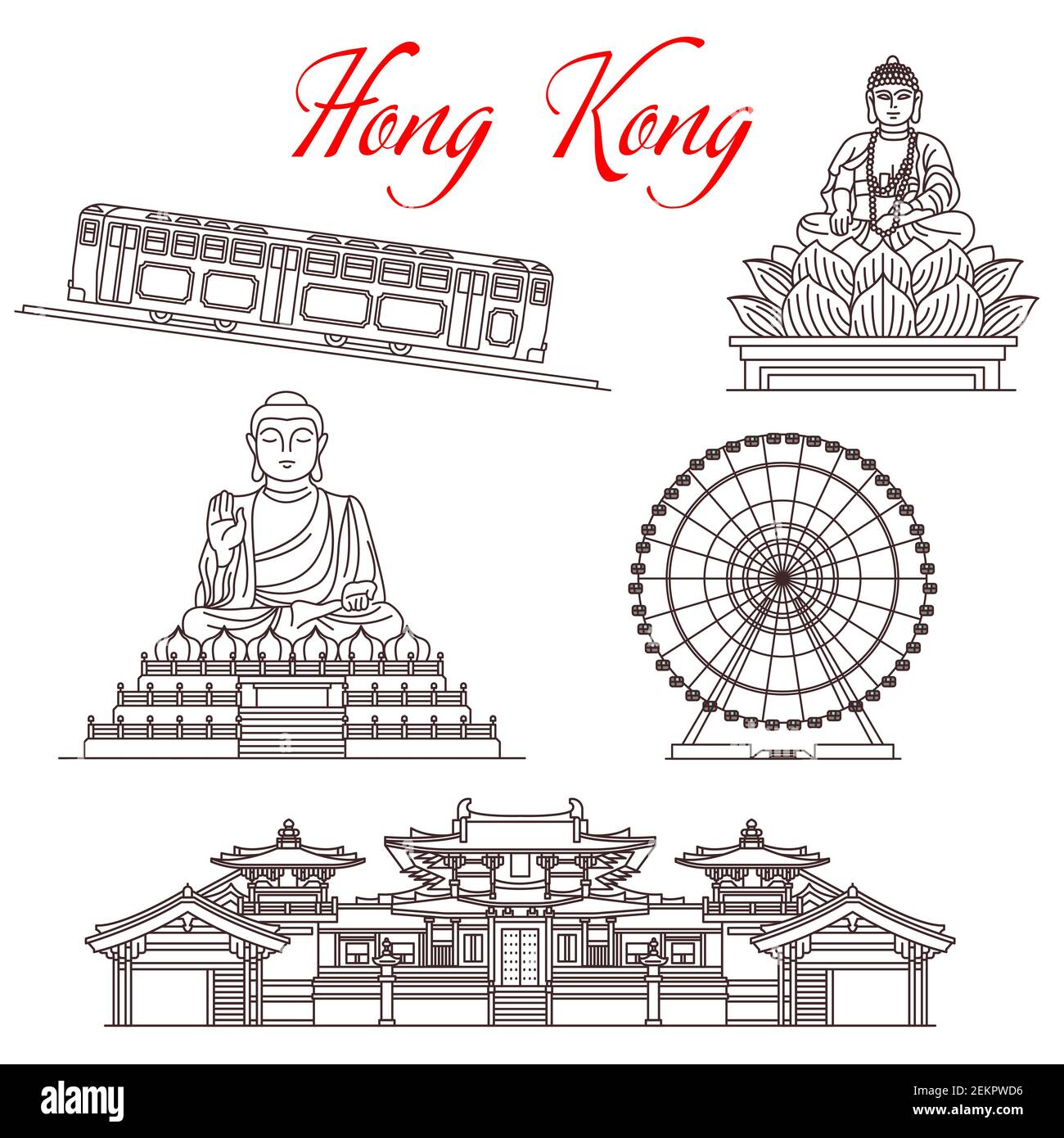 Hong Kong Reise Wahrzeichen, Architektur und berühmte Sehenswürdigkeiten. Vektor Buddhistische Tempel, Tian Tan Big Buddha in Lotus-Statue, Rad und Spitze Stock Vektor