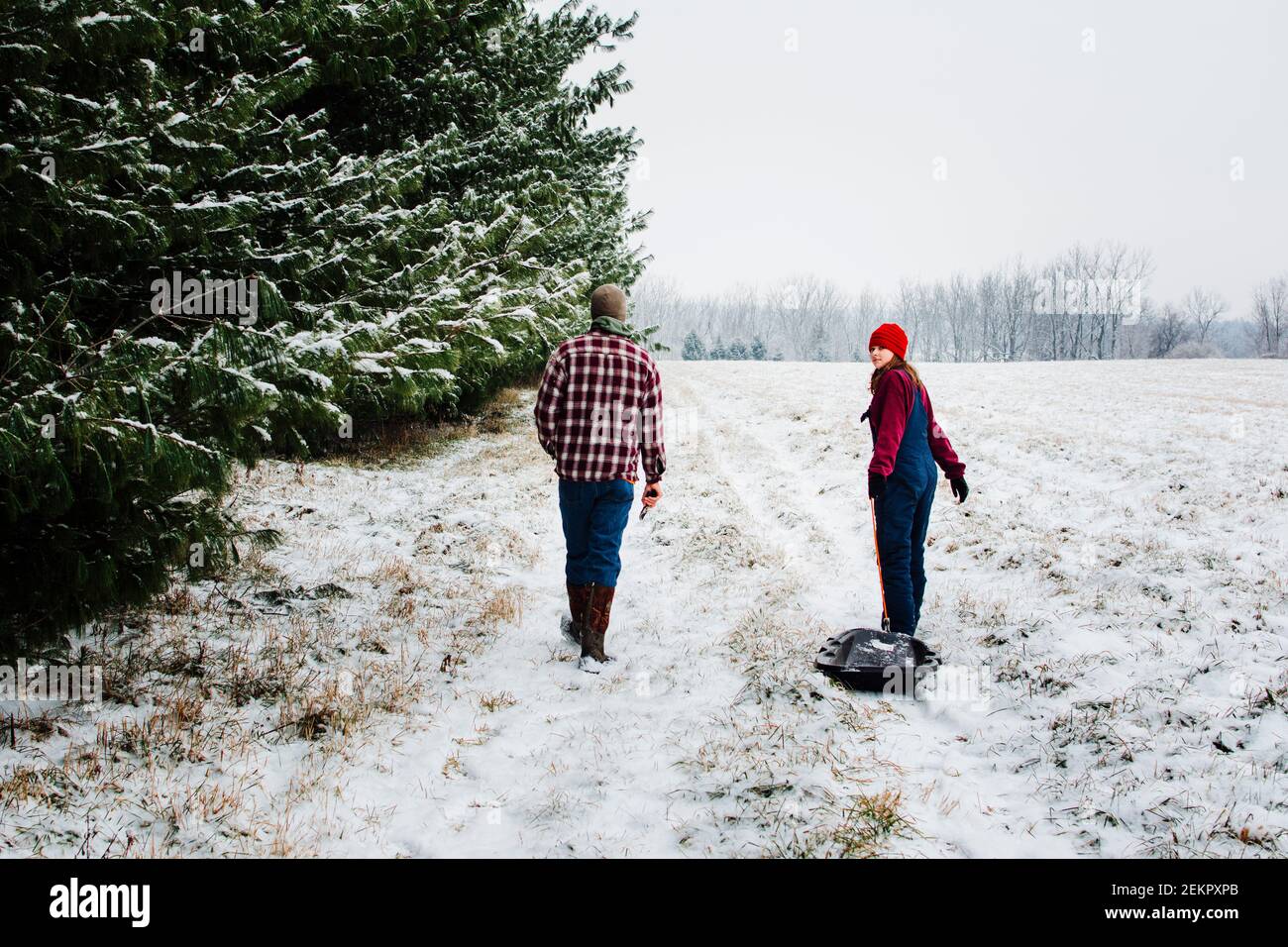 Zwei Teens, die durch ein verschneites Feld mit Pines in gehen Michigan Stockfoto