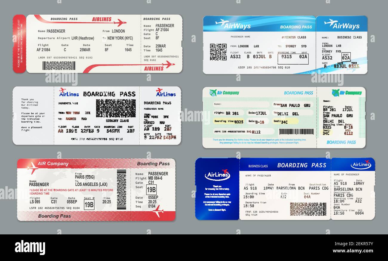 Fluglinien Bordkarte und Ticket-Vorlagen. Vector Air Ways Zulassung auf dem Flug mit Barcode oder QR-Code, Datum und Ort des Sitzes. Reisen mit dem Flugzeug Stock Vektor