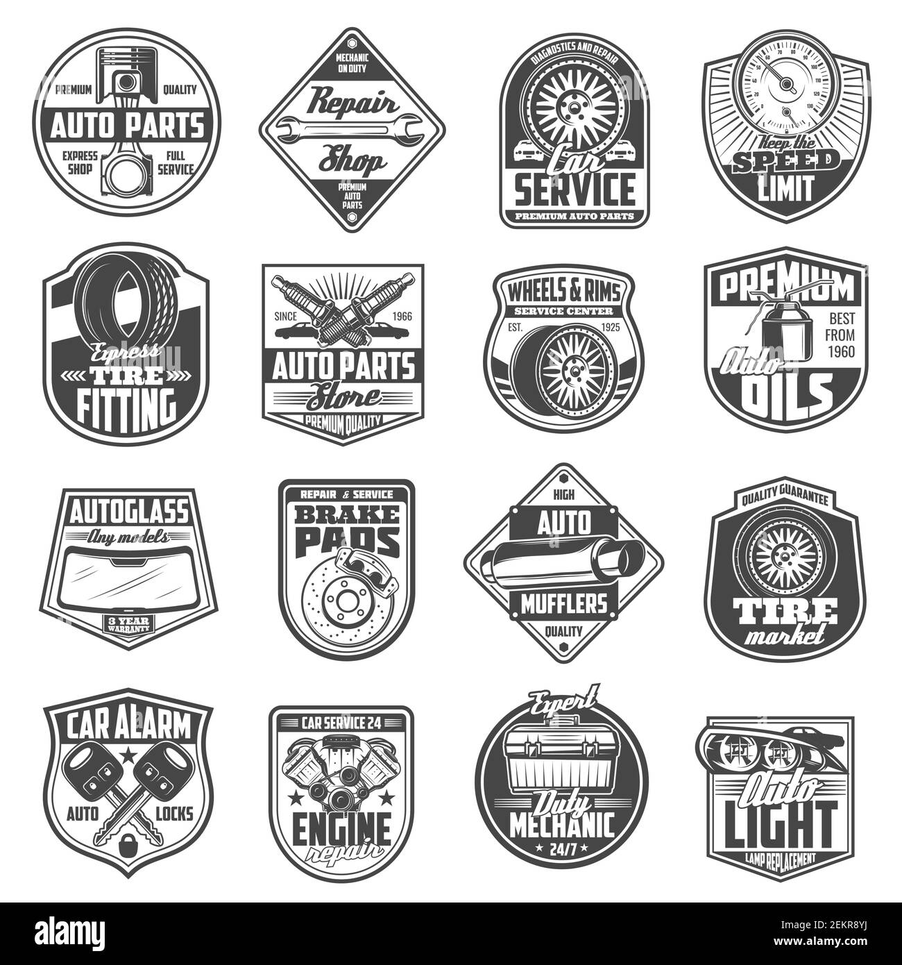 Auto-Service und Auto-Reparatur-Shop Abzeichen mit Vektor-Ersatzteile. Radreifen, Fahrzeugmotor und Motoröl, Schraubenschlüssel, Schraubenschlüssel und Zündkerzen, Kolben, e Stock Vektor