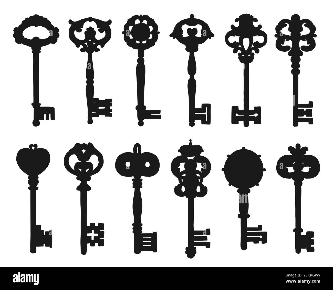Vintage Schlussel Von Antiken Turschloss Schwarz Silhouetten Viktorianisches Skelett Schlussel Vektor Design Mit Mittelalterlichen Floralen Ornament Von Blumen Blattern Und Herzen Stock Vektorgrafik Alamy