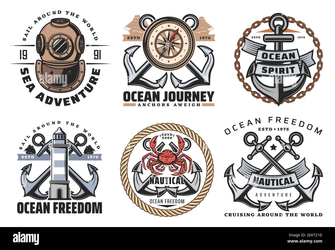 Vector Marine heraldische Symbole und Etiketten von gekreuzten Anker, Leuchtturm und vintage aqualung, Kompass und rote Riesenkrabbe. Schiffsanker, Ozeangeist A Stock Vektor