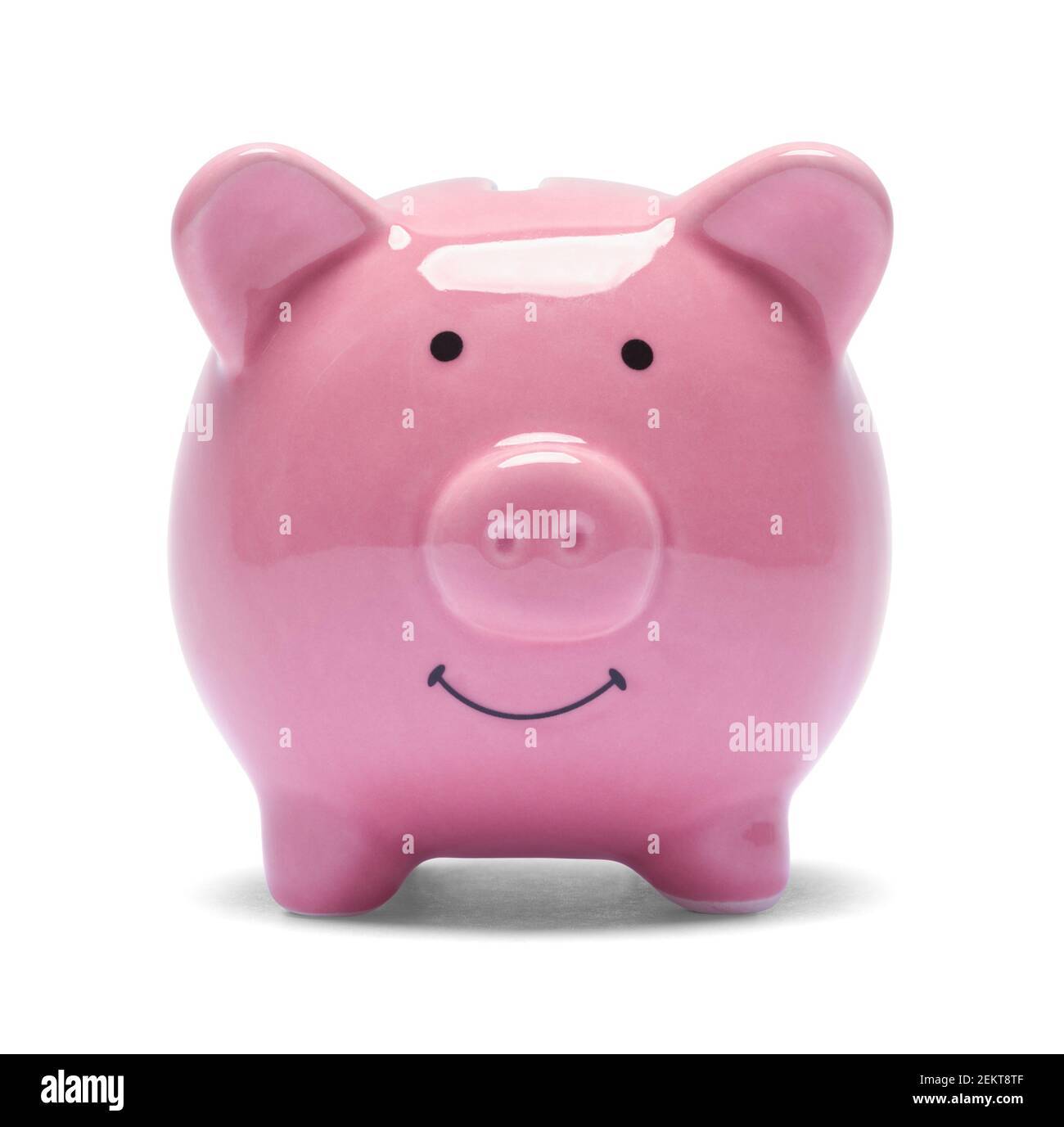 Pink Piggy Bank mit Lächeln Ausschnitt Vorderansicht. Stockfoto