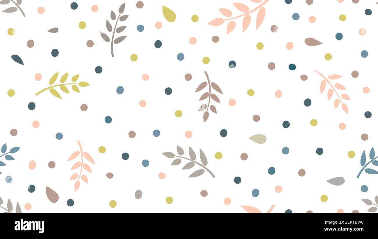 Blumenmuster mit Blättern und Punkten im minimalistischen Kinderstil. Abstrakt nahtlose festliche Hintergrund. Blüht Ziergarten mit Polka Punkt Ornamenten Stock Vektor