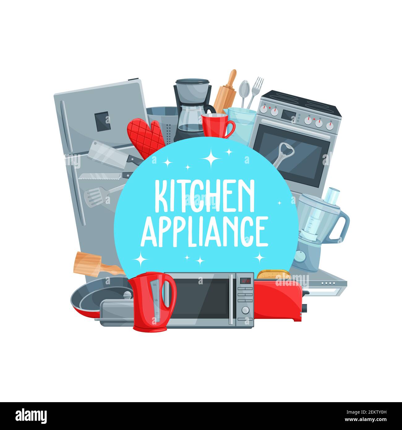 Vector Hausgerät, Wasserkocher, Kühlschrank und Mikrowelle, Herd und Pfanne mit Toaster, Mixer Mixer Mixer und Kaffeemaschine. Küchengerät Stock Vektor