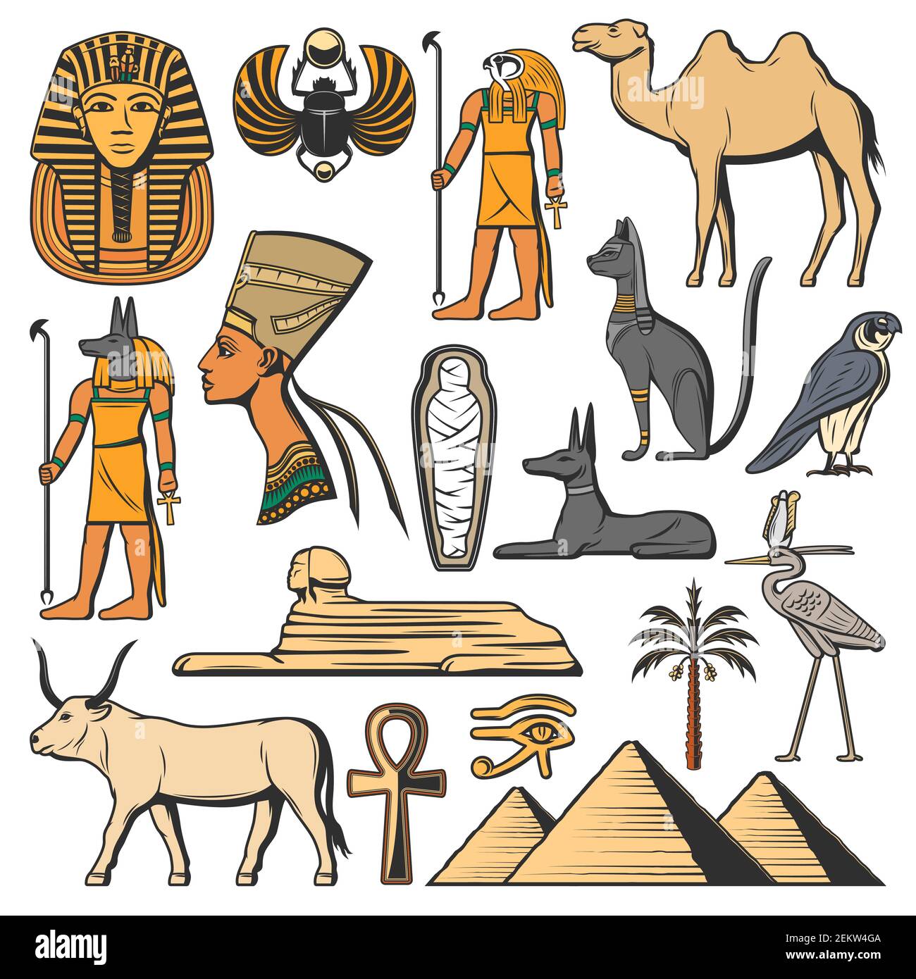Ägyptischer pharao, Pyramiden und Götter. Alte Ägypten Vektor-Symbole. Sphinx, Katze und Mumie, Auge des Horus, Anubis und Ankh Hieroglyph, Tutanchamun, Noferti Stock Vektor