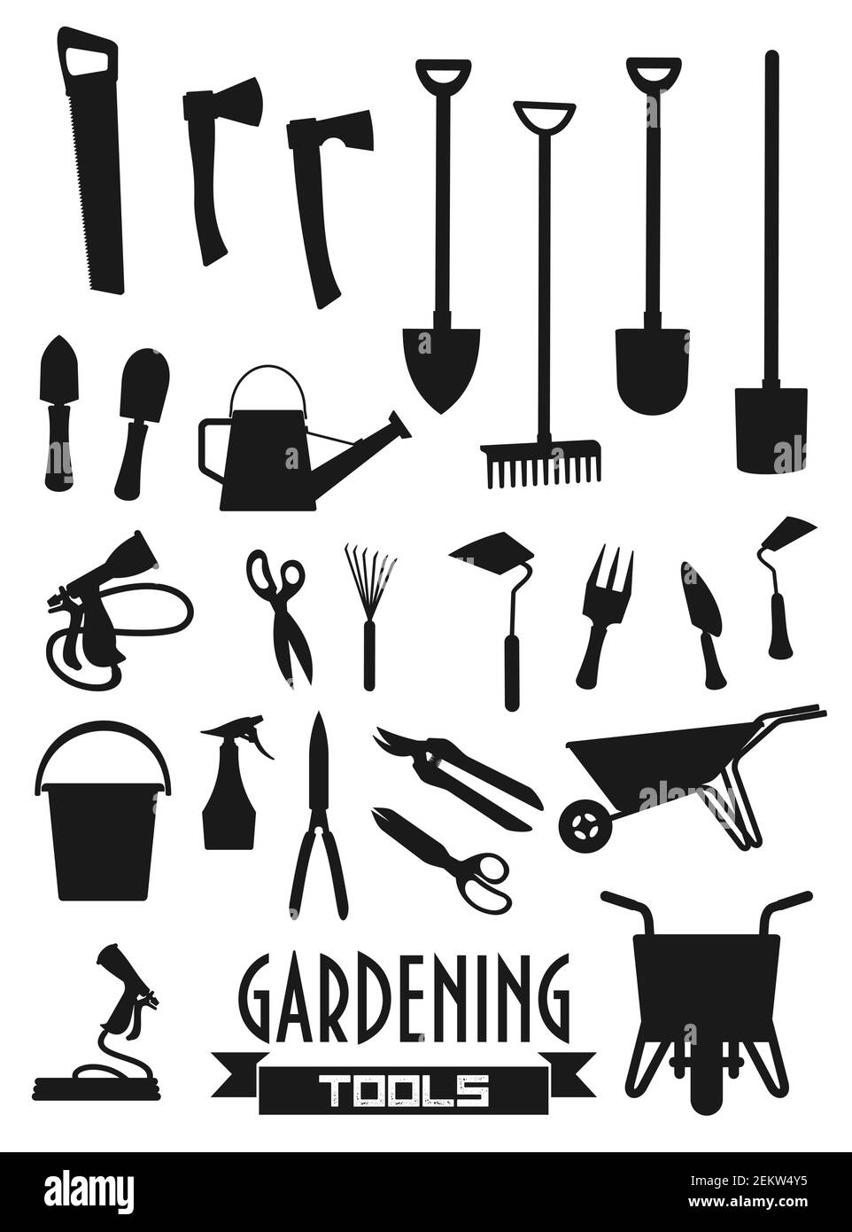 Gartengeräte Ikonen, Schaufelrechen und Gabel, Gärtner Ausrüstung. Vector Gartenarbeit Kelle, Schere und Gießkanne, Pitchfork und Schubkarre, Axt Stock Vektor