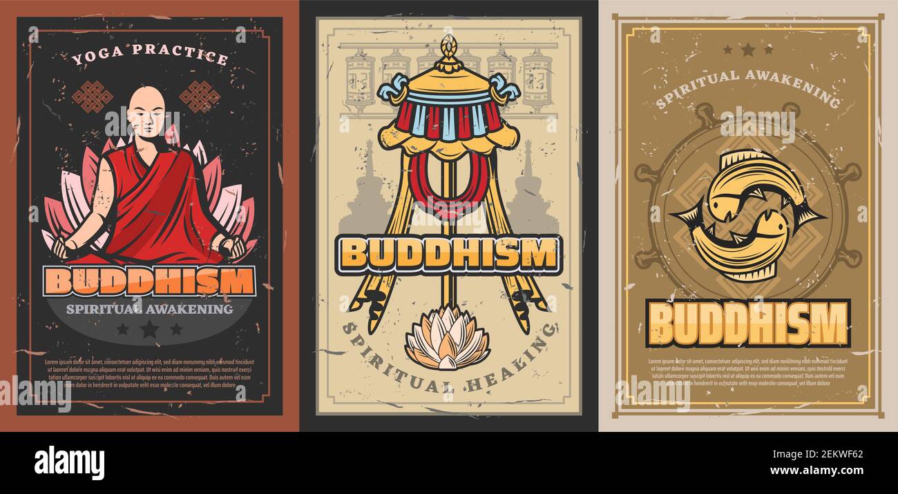 Buddhismus Religion Plakate mit Vektor religiöse Symbole des buddhistischen.  Tibetische Mönch Gebetsräder, Buddha und Dharma Rad, Sonnenschirm Symbol  der Macht, Lot Stock-Vektorgrafik - Alamy